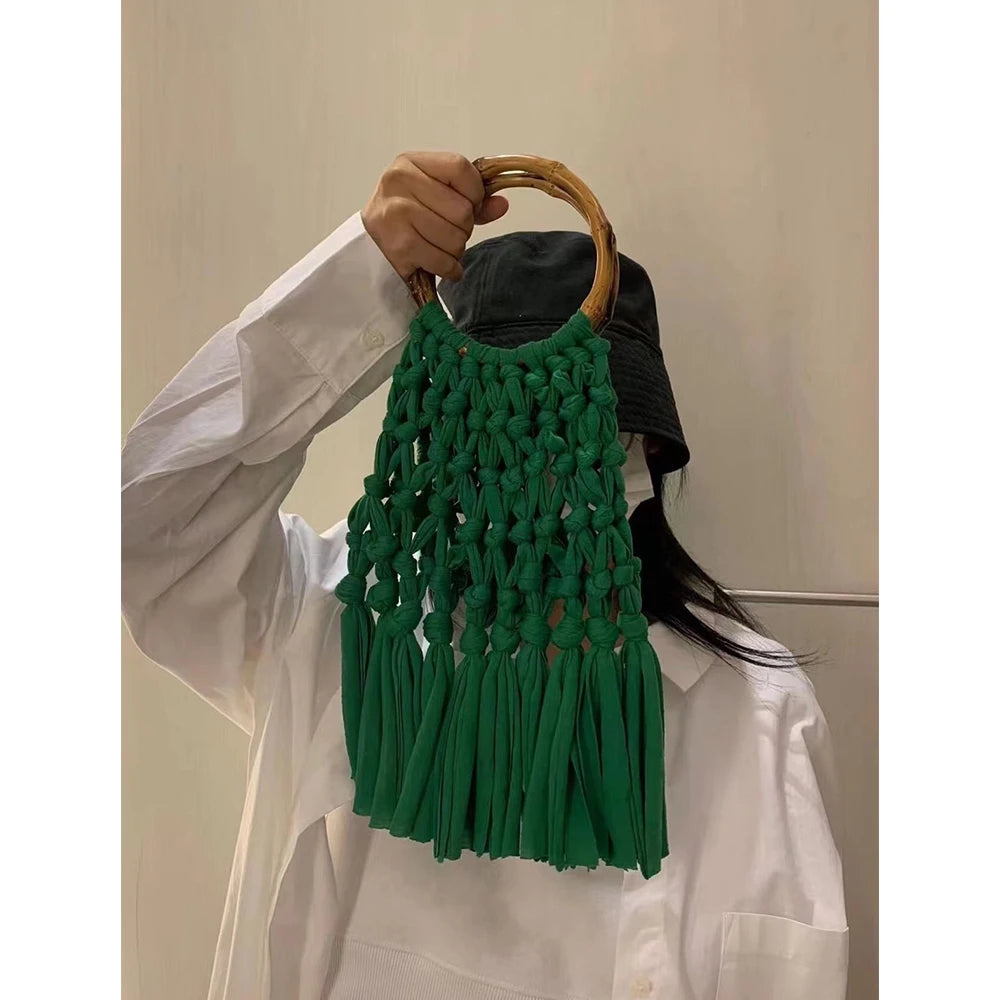 Cotton Knitted Tassel Hollow Bag DIY Hand Woven Bag Circular Handheld Small Bag eprolo