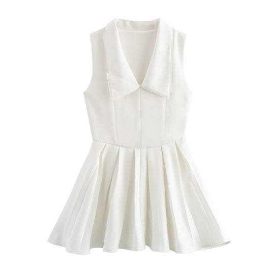 Doll collar lace trimmed waist wide pleated dress for women eprolo