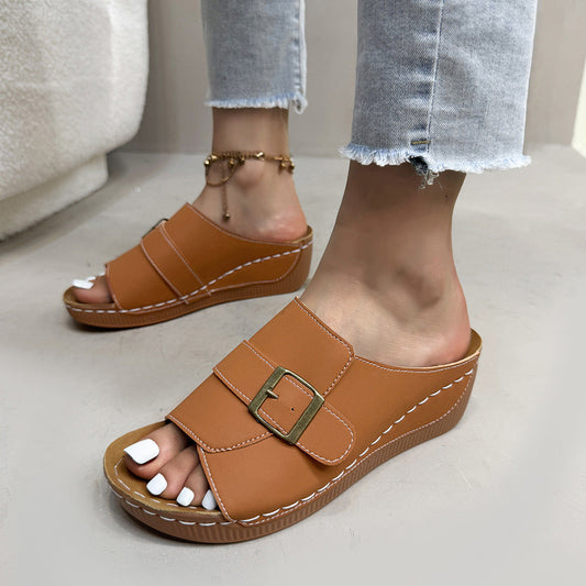 Versatile Buckle Wedge Heel Thick Sole Slip-On Beach Sandals for Women eprolo
