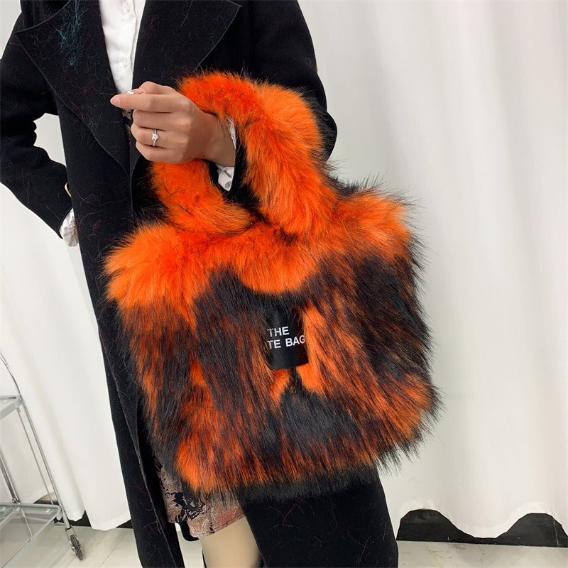 Crossbody Tote Bag Imitation Raccoon Fur Grass Plush Large Capacity Tote Bag Personalized Retro eprolo