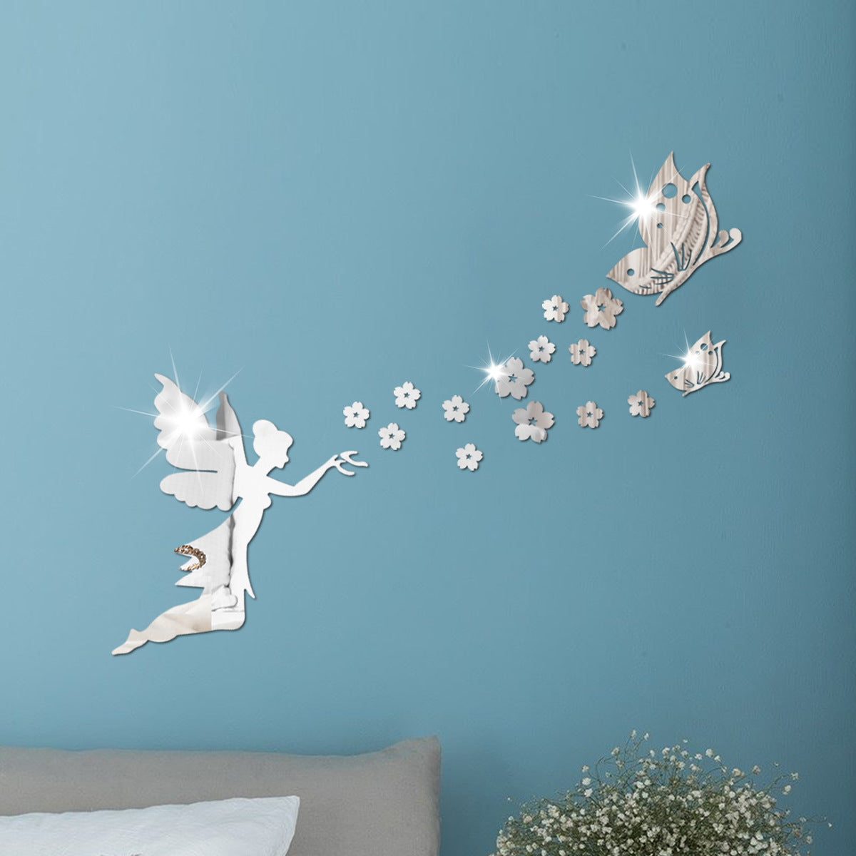 Angelic Flying Mirror Wall Stickers, Fairy Scattering Flowers Acrylic DIY Decorations for Living Room and Dining Room, New Arrival Butterfly and Flower Designs eprolo