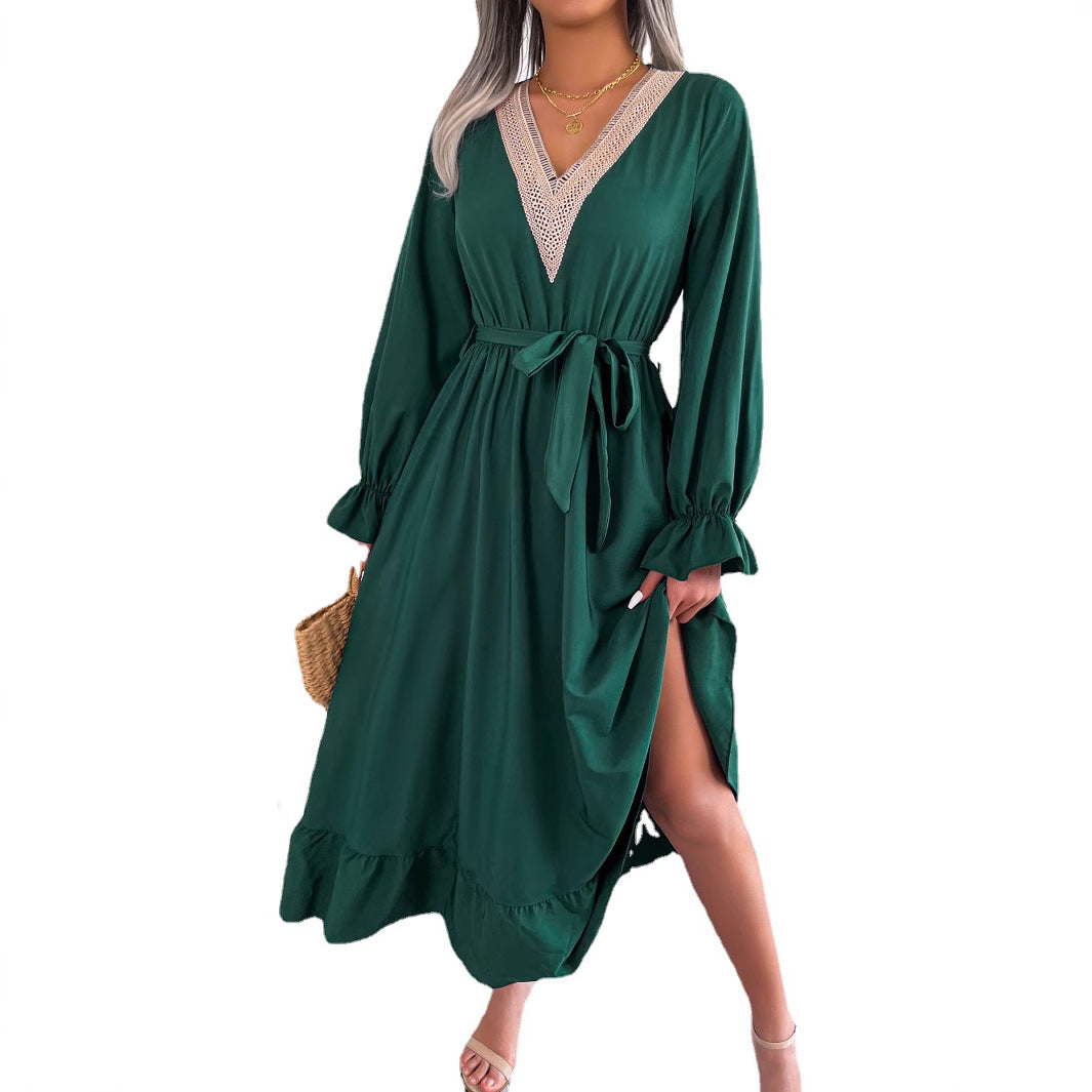 V-neck lace waist cinched lotus leaf edge skirt eprolo