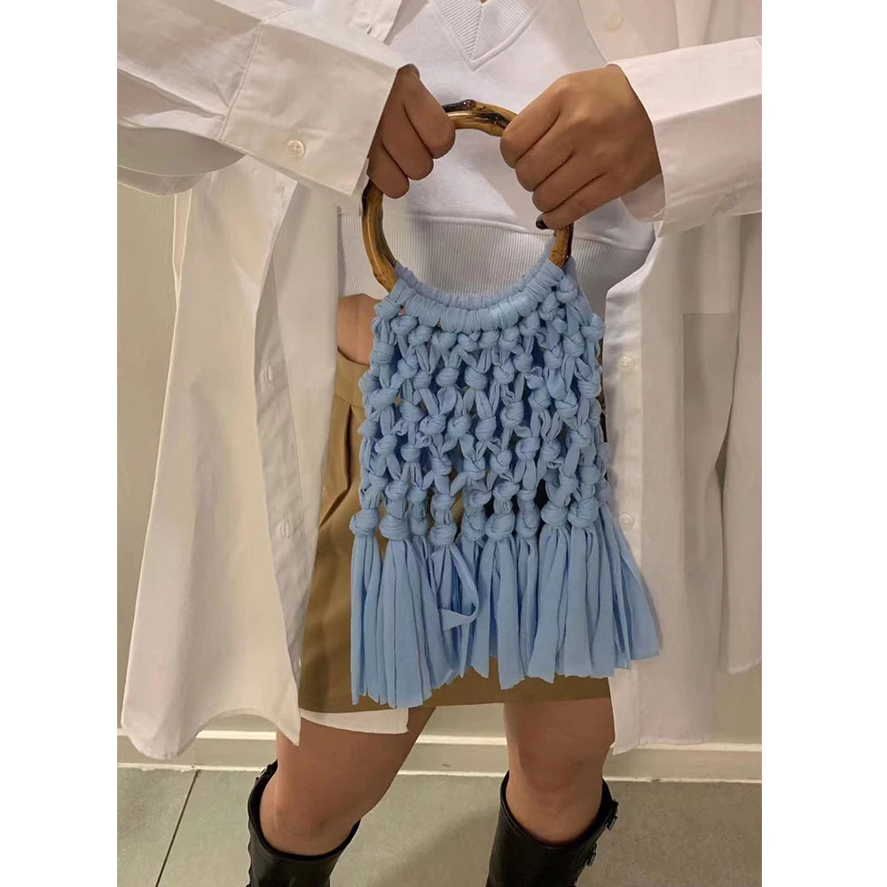 Cotton Knitted Tassel Hollow Bag DIY Hand Woven Bag Circular Handheld Small Bag eprolo
