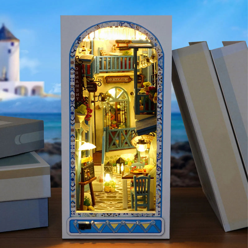 DIY Book Nook Kit 3D Wooden Puzzle Bookshelf Insert Decor with Warm Light DIY Miniature Dollhouse Model Building Kits for Kids eprolo