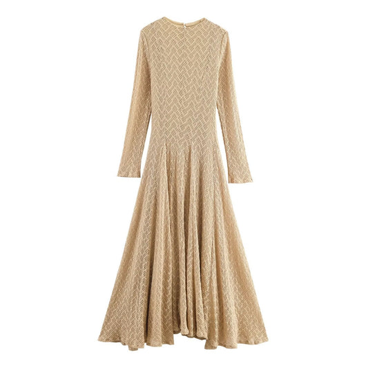 Round neck long sleeved waist cinching solid color big swing dress for women eprolo