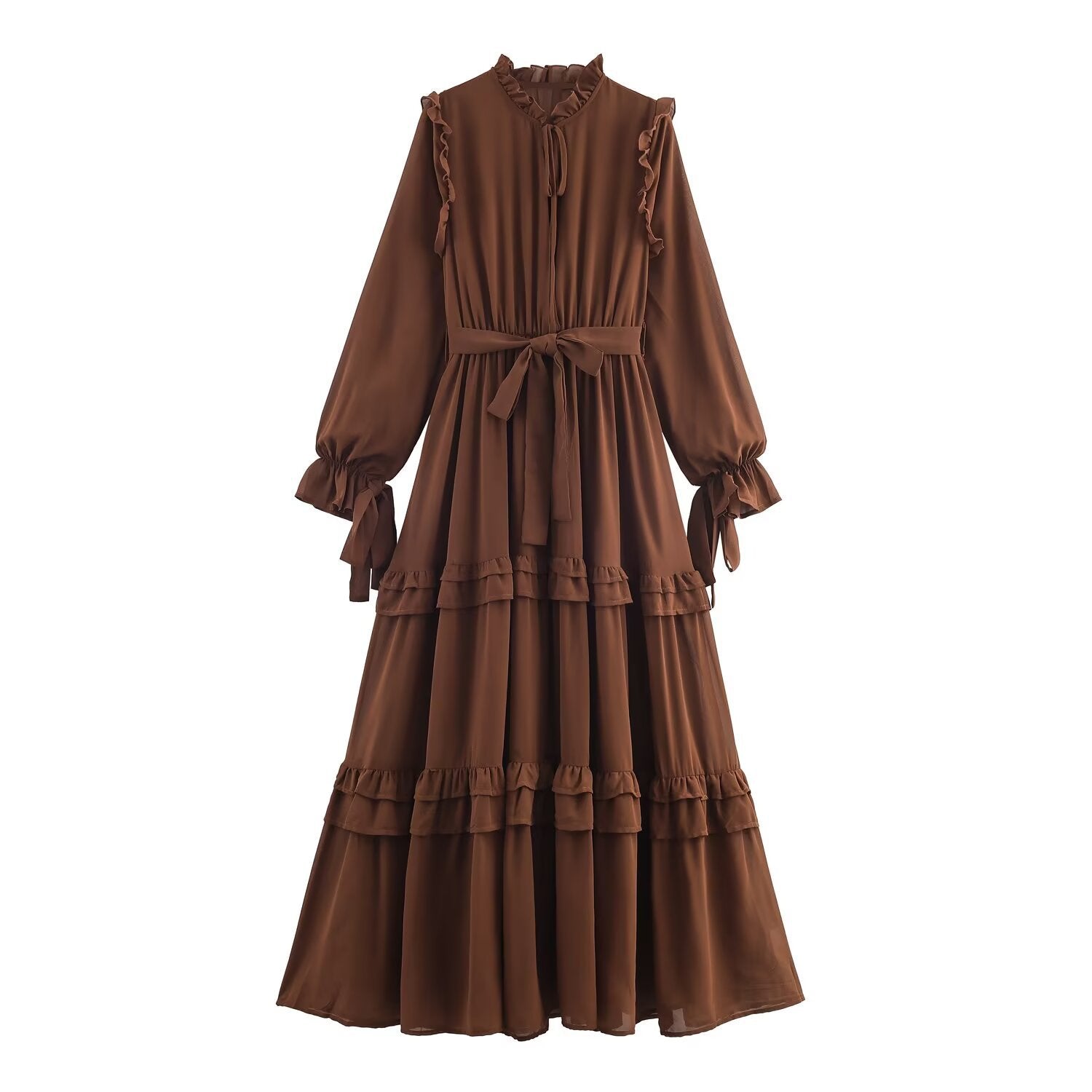 Long sleeved black fungus edge cinched waist layered decorative dress for women eprolo