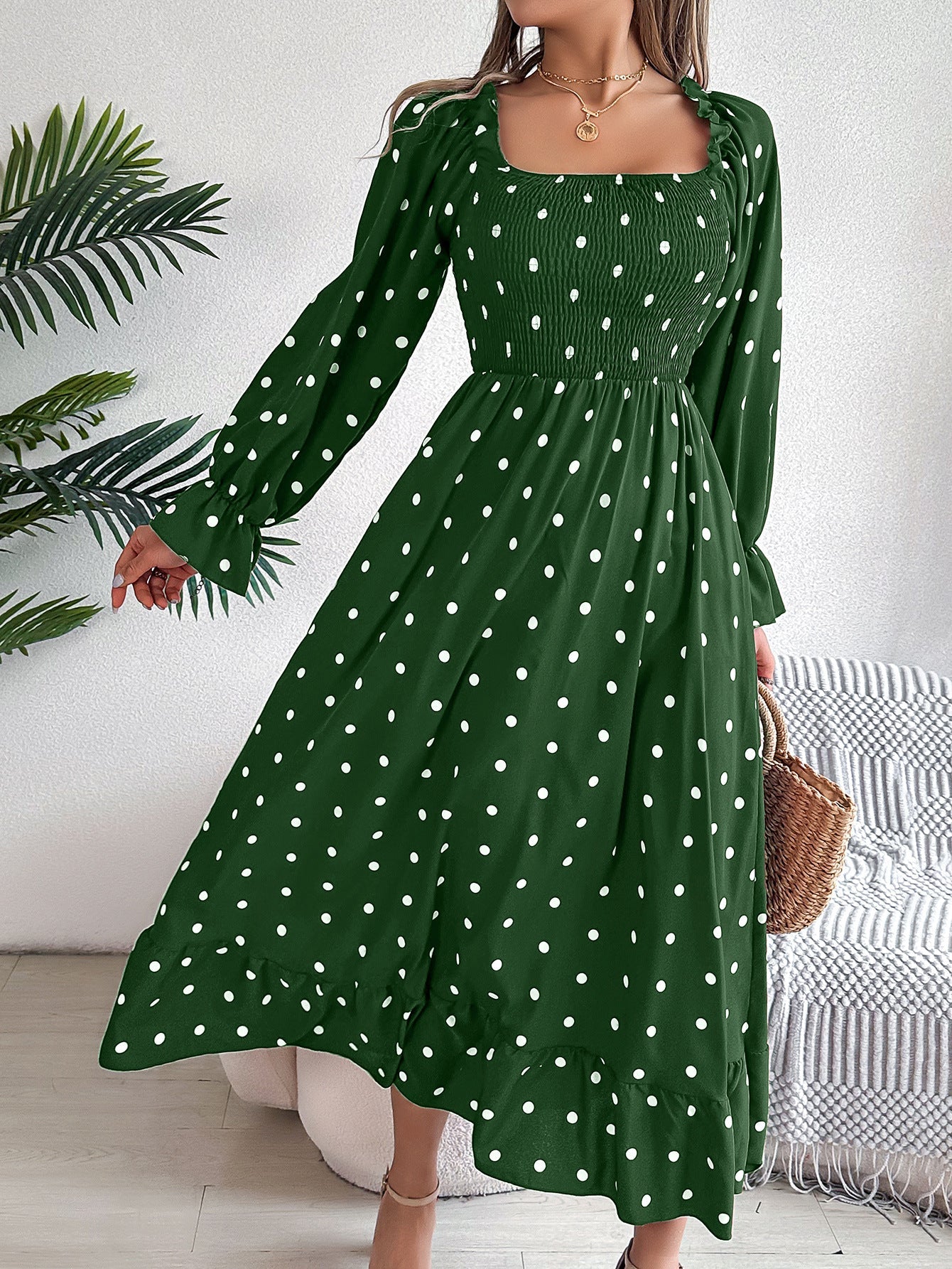 Casual fungus edge square collar polka dot long skirt eprolo