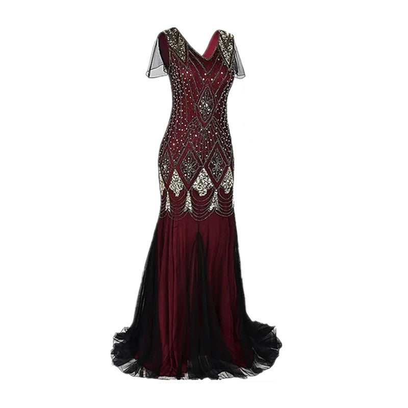 Vintage 1920s Embroidered Beaded Sequin Evening Gown Dress for Women eprolo