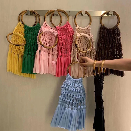 Cotton Knitted Tassel Hollow Bag DIY Hand Woven Bag Circular Handheld Small Bag eprolo