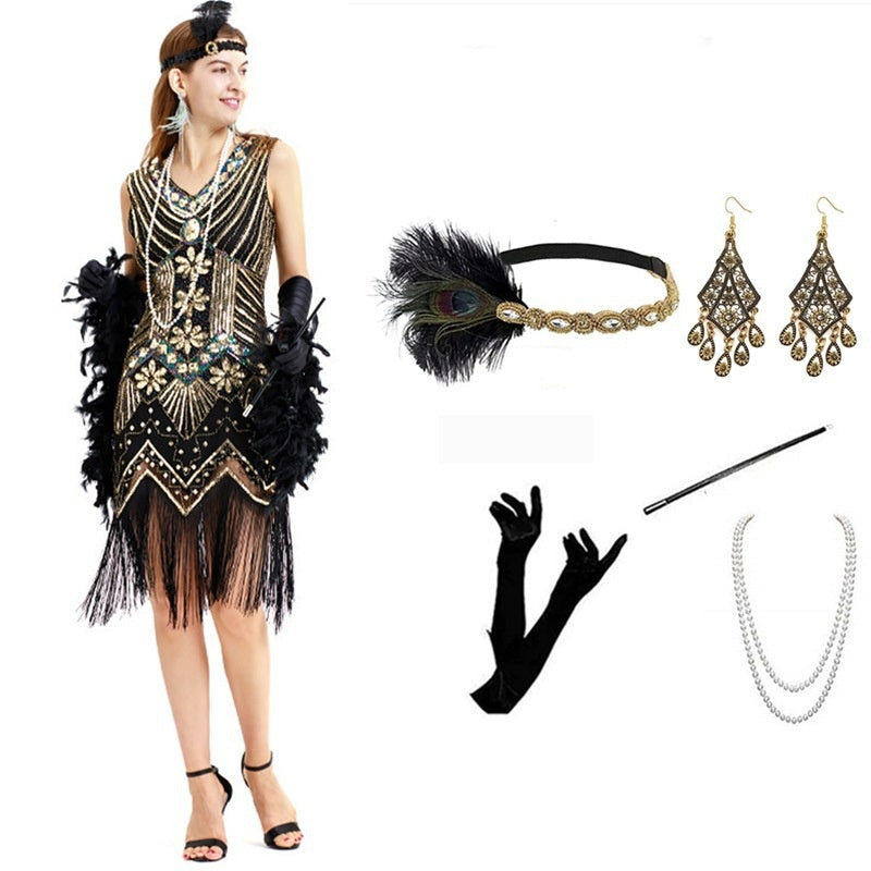 Vintage Gatsby Dress with Front and Back V-Neck Beaded Sequin Fringe 1920s Style Cocktail Party Performance Set eprolo