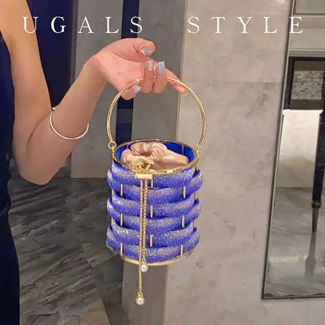 Woven Rhinestone Bucket Bag Woven Clutch Bags Women Boutique Multicolor Crystal Hollow Out Metal Purses And Handbags Wedding eprolo