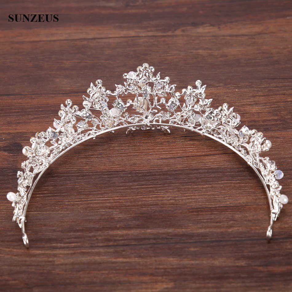 Silver Crystal Bridal Tiara With Pearls Headband Wedding Crown For Brides Marriage Accessories eprolo