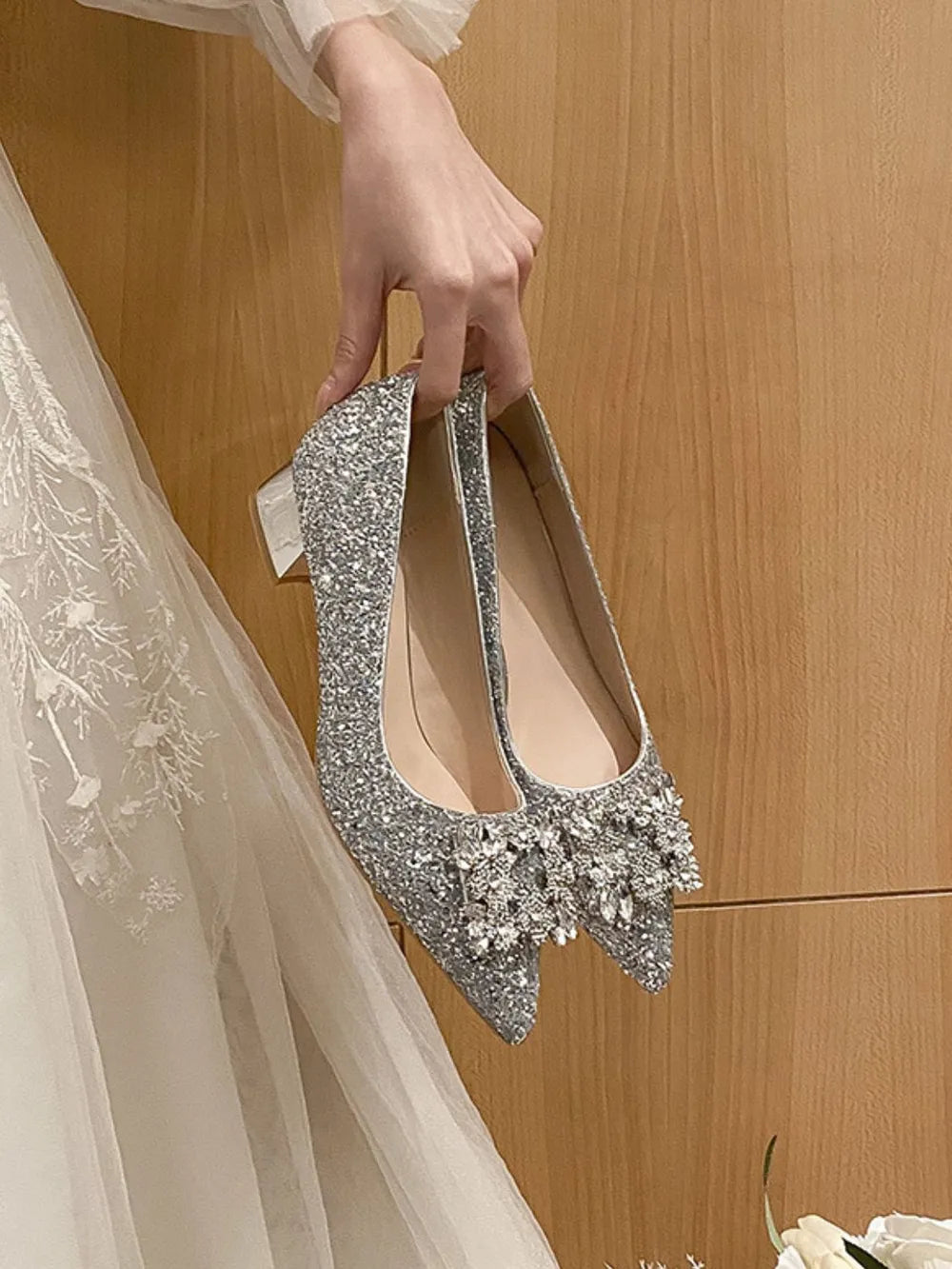 Silver French style mid heeled shoes for women's new square buckle wedding shoes and bridesmaid shoes eprolo