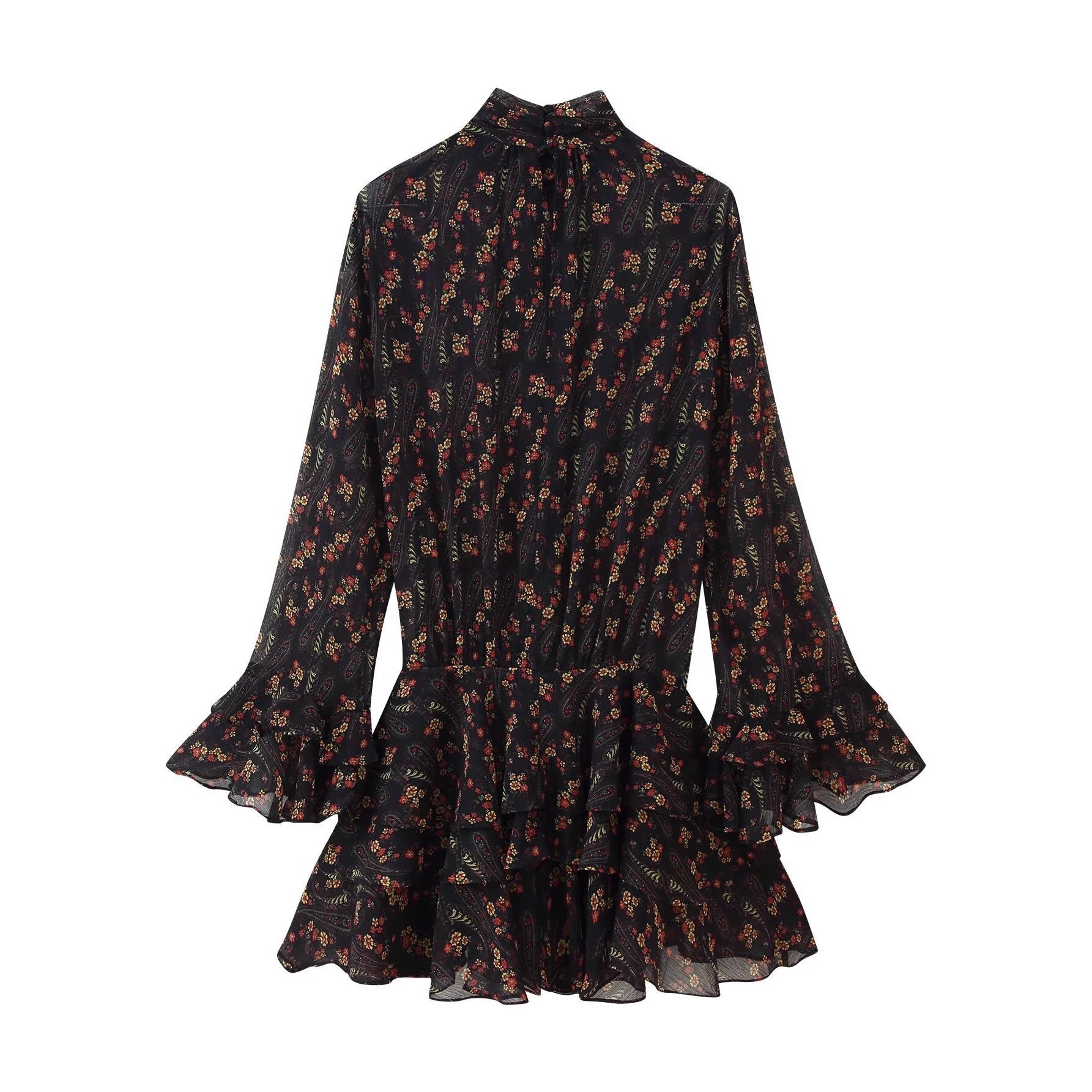 Half high neck flared sleeve printed short skirt dress for women eprolo