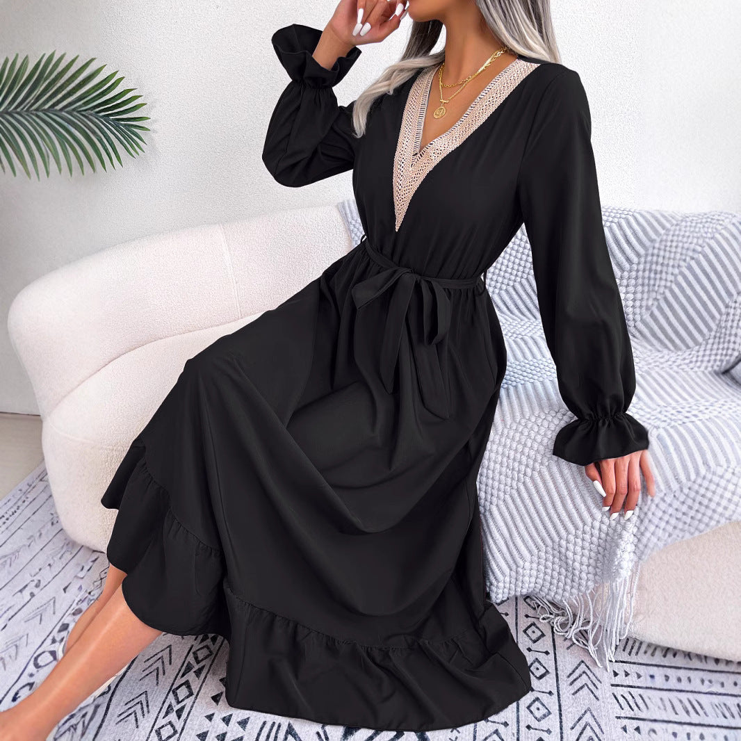 V-neck lace waist cinched lotus leaf edge skirt eprolo