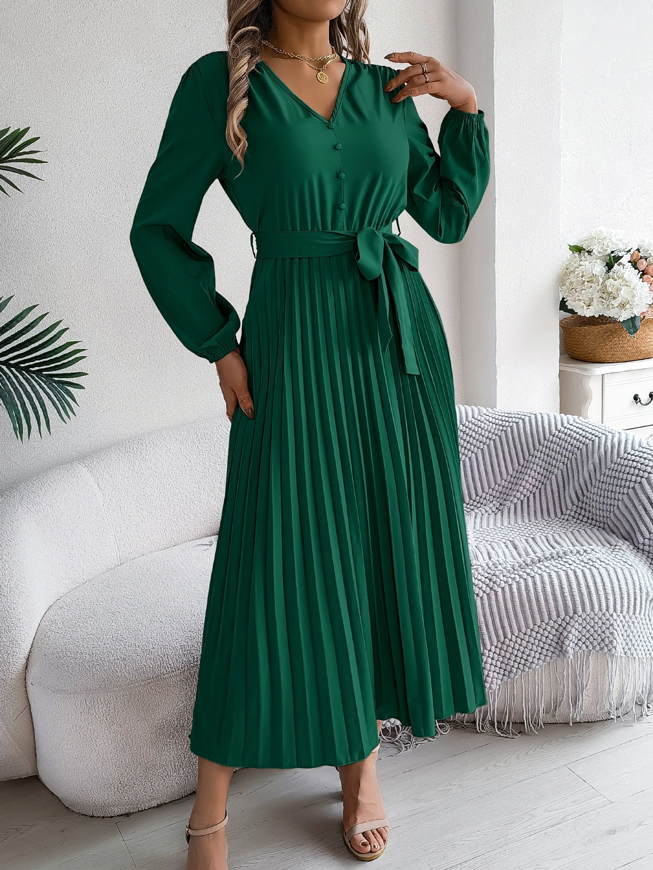 V-neck button tied pleated long skirt dress eprolo