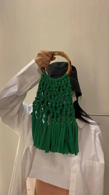 Cotton Knitted Tassel Hollow Bag DIY Hand Woven Bag Circular Handheld Small Bag eprolo
