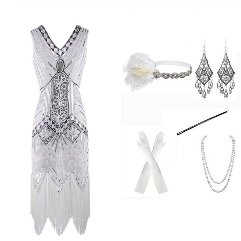 Vintage Gatsby Dress with Front and Back V-Neck Beaded Sequin Fringe 1920s Style Cocktail Party Performance Set eprolo