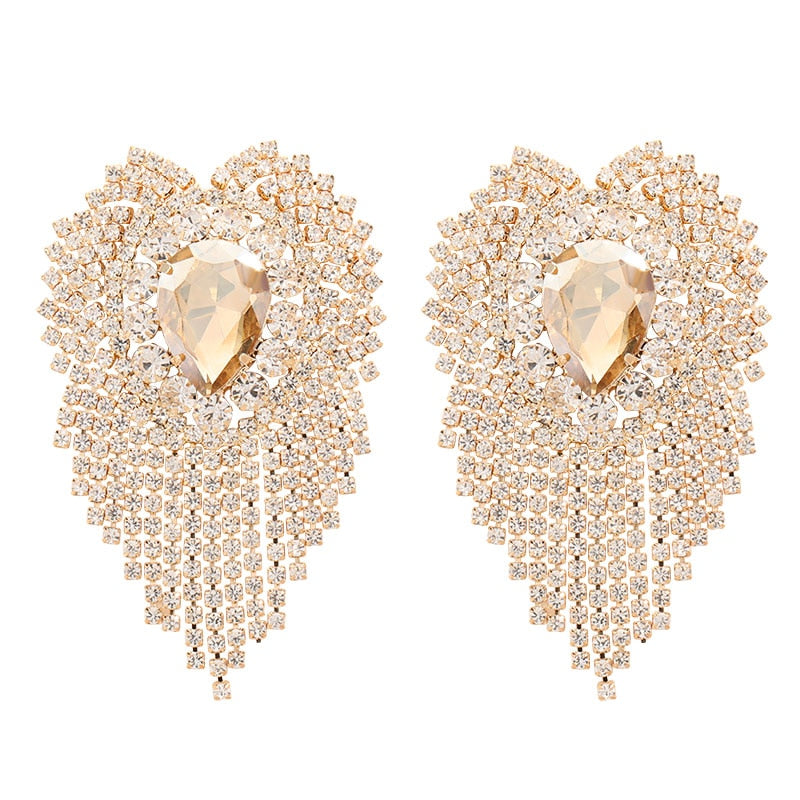 Exaggerated Style Alloy Diamond Rhinestone Water Drop-Shaped Glass Drill Tassel Earrings Female Super Flash Dinner Claw Chain Earrings eprolo