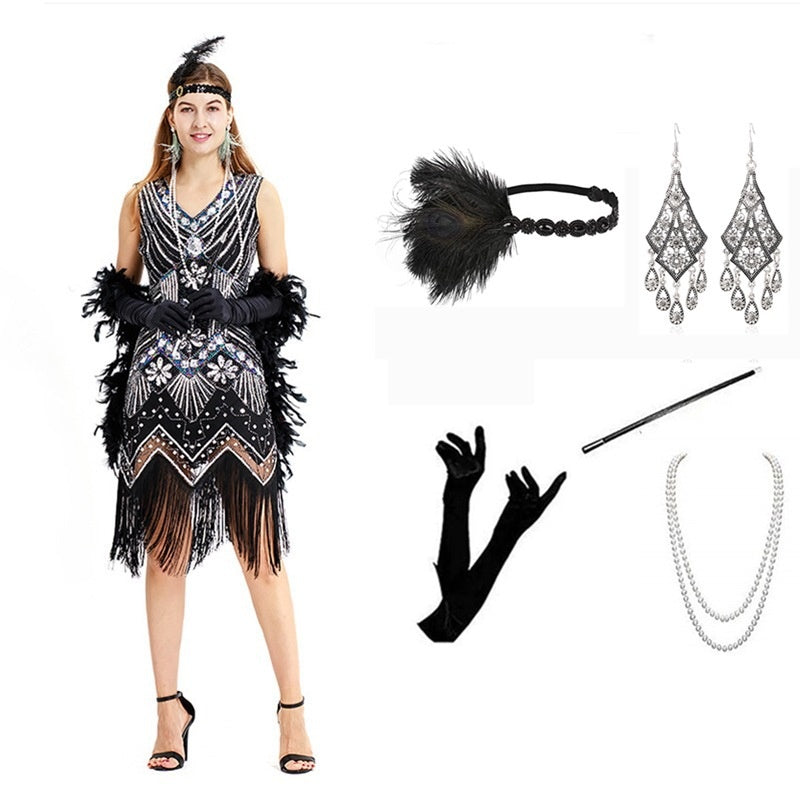 Vintage Gatsby Dress with Front and Back V-Neck Beaded Sequin Fringe 1920s Style Cocktail Party Performance Set eprolo