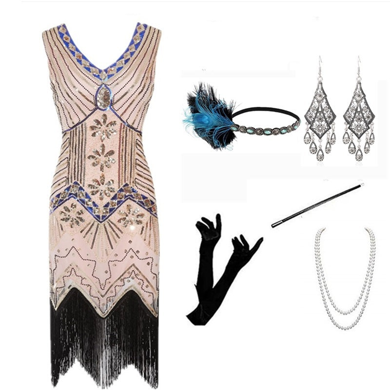 Vintage Gatsby Dress with Front and Back V-Neck Beaded Sequin Fringe 1920s Style Cocktail Party Performance Set eprolo