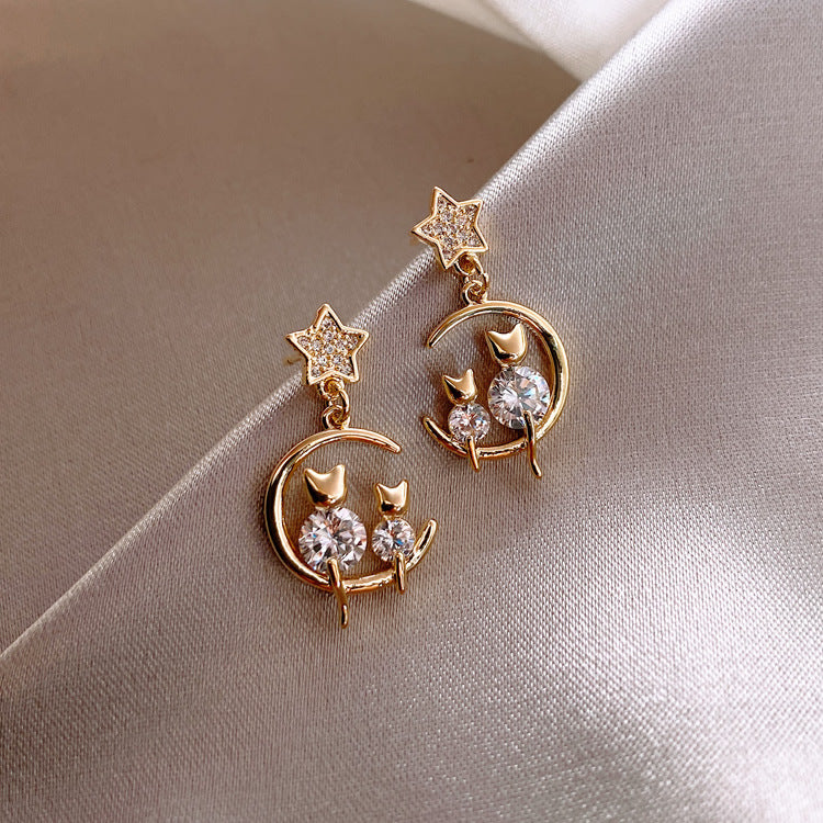 925 Silver Needle Korean Personalized Zircon Cat Earrings Mesh Red Korean Edition Diamond Star Moon Earrings Elegant Versatile Women eprolo