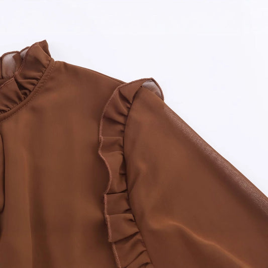 Long sleeved black fungus edge cinched waist layered decorative dress for women eprolo