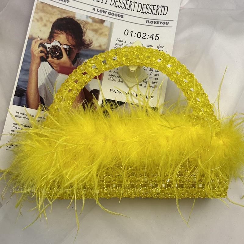 Pearl bead bag with Ostrich feather fur designer brand Clear Acrylic crystal stone box tote handbag women handmade party purse eprolo