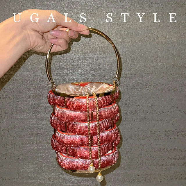 Woven Rhinestone Bucket Bag Woven Clutch Bags Women Boutique Multicolor Crystal Hollow Out Metal Purses And Handbags Wedding eprolo