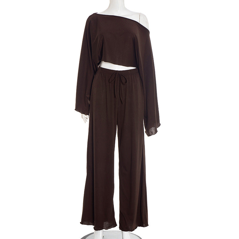 Autumn Women's Round Neck Pleated Crop with Elastic High Waist Wide Straight Leg Set eprolo