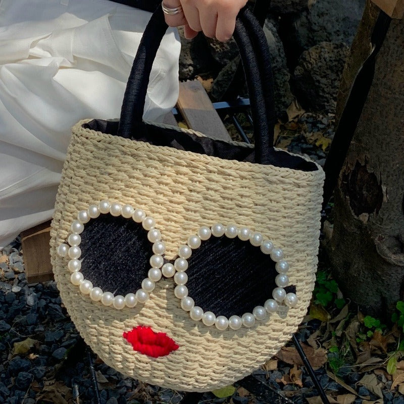 Japanese fashion rattan woven handbag, cute cartoon Japanese style water bucket woven bag eprolo