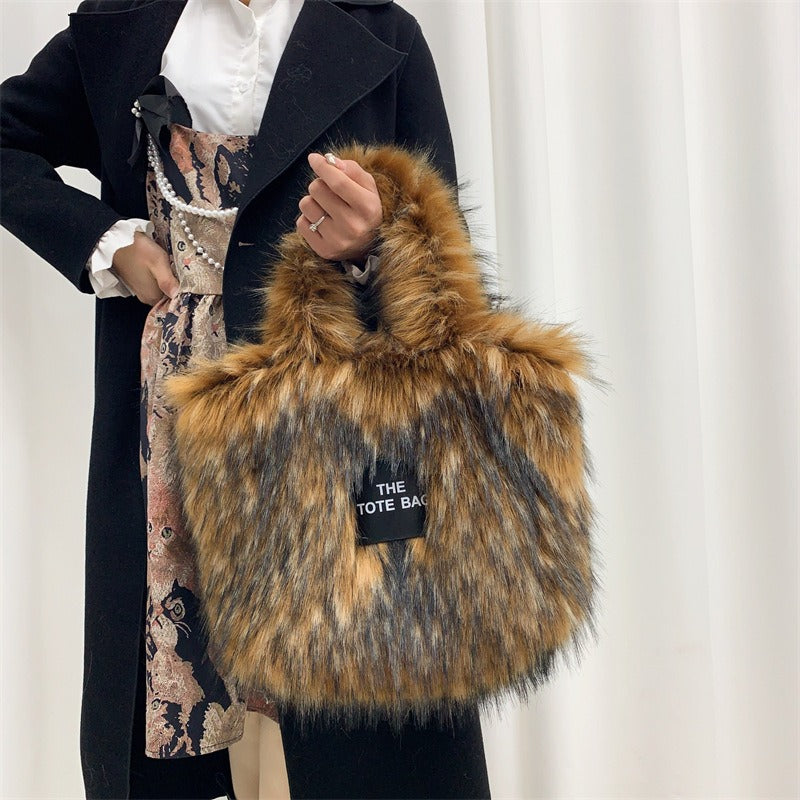 Crossbody Tote Bag Imitation Raccoon Fur Grass Plush Large Capacity Tote Bag Personalized Retro eprolo