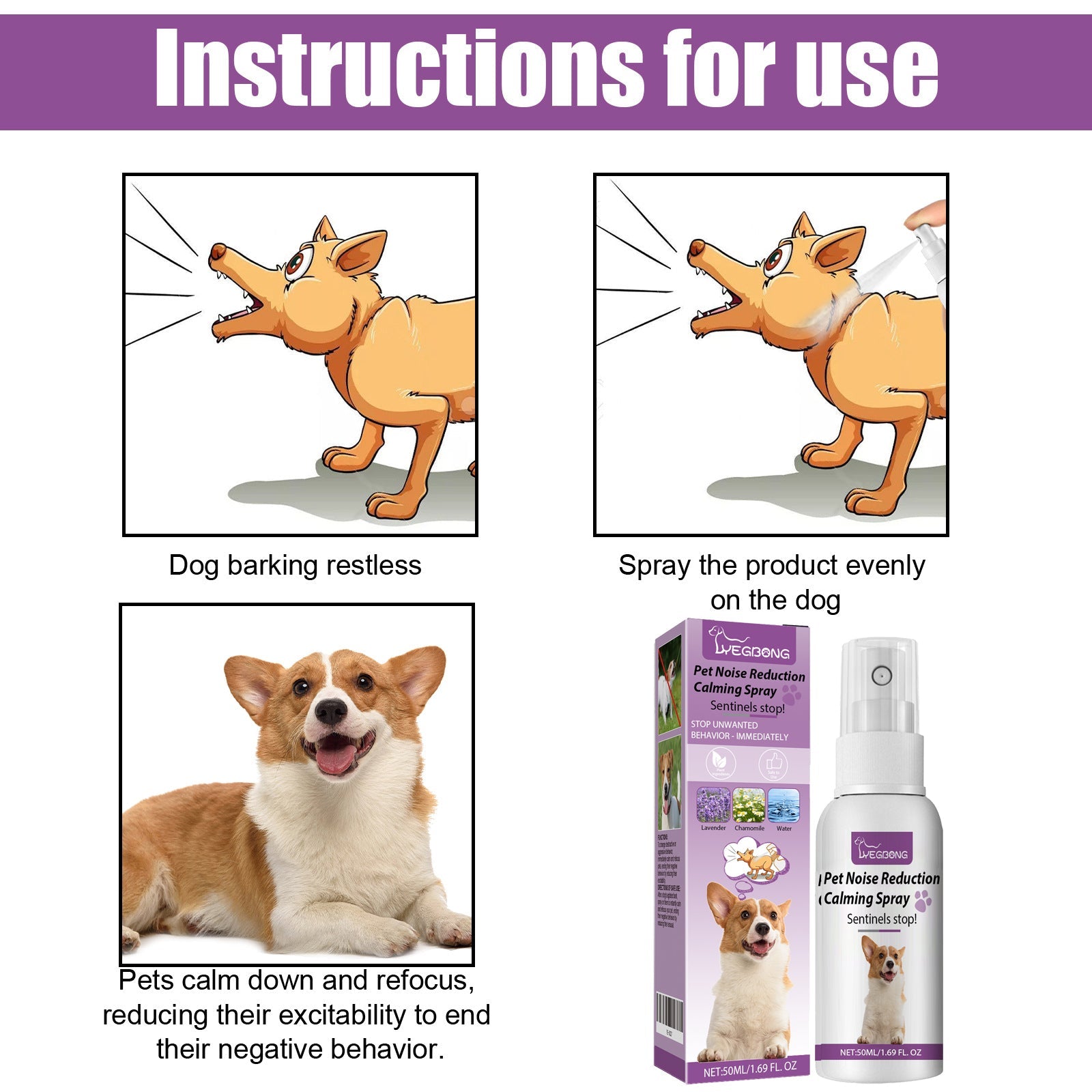 Yegbong Pet Noise Reduction Calming Spray, Prevent Stress Soothe Pet Calm Mood Reduce Pet Noise Spray eprolo