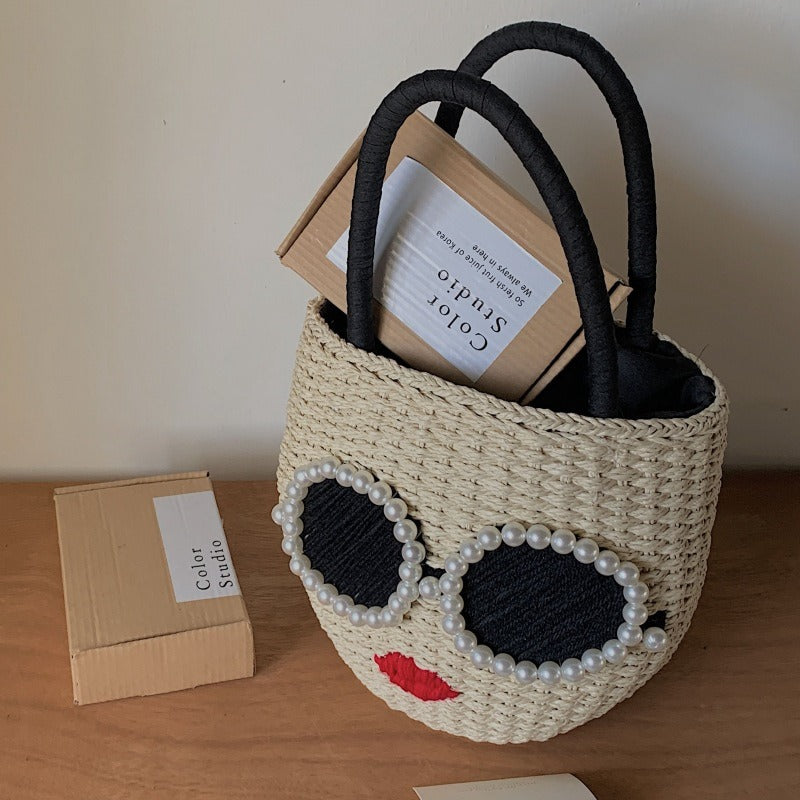 Japanese fashion rattan woven handbag, cute cartoon Japanese style water bucket woven bag eprolo