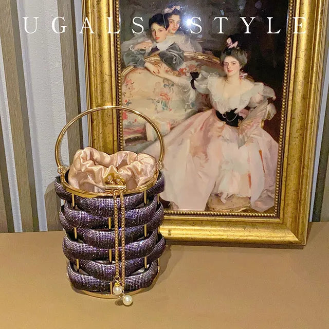 Woven Rhinestone Bucket Bag Woven Clutch Bags Women Boutique Multicolor Crystal Hollow Out Metal Purses And Handbags Wedding eprolo