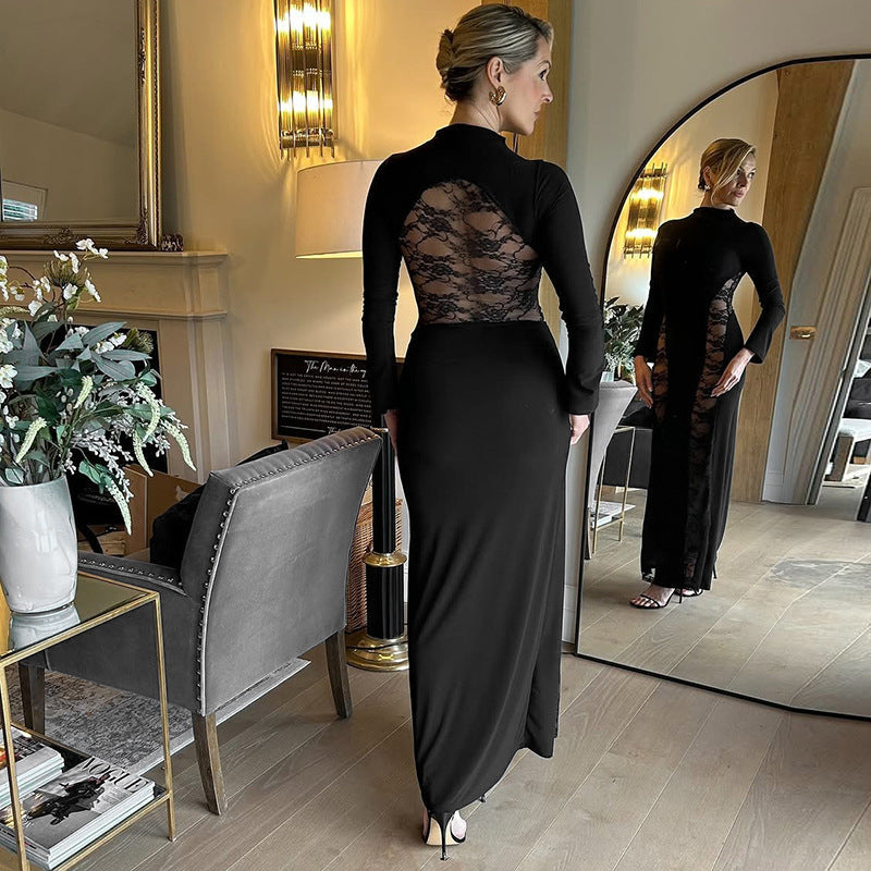 Women's Autumn Solid Color Lace Spliced Sexy Bodycon Long Sleeve Dress eprolo