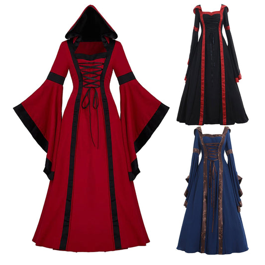 Medieval Halloween Vintage Hooded Square Neck Solid Color Thin Strap Lace Flare Sleeve A-Line Dress eprolo