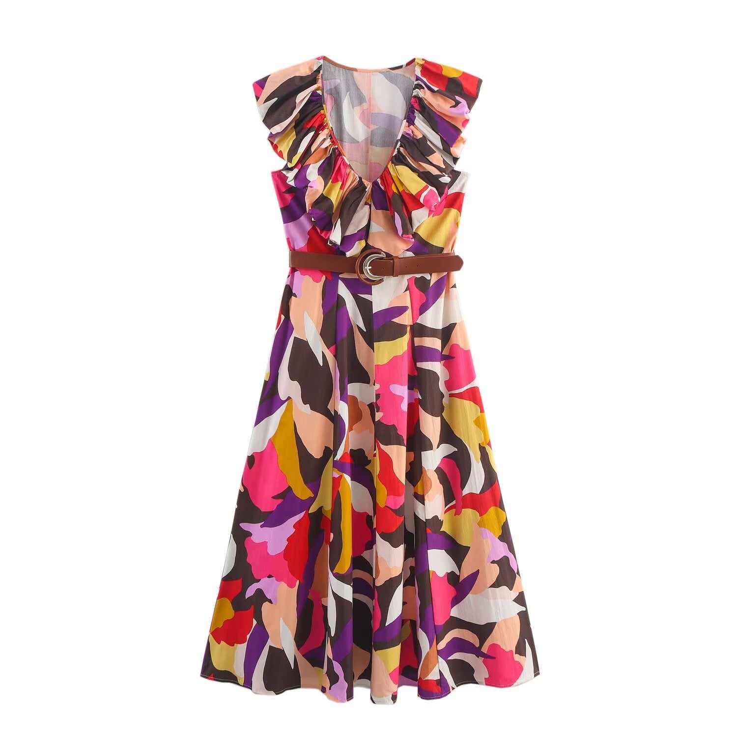 V-neck ruffled waist cinched printed dress for women eprolo