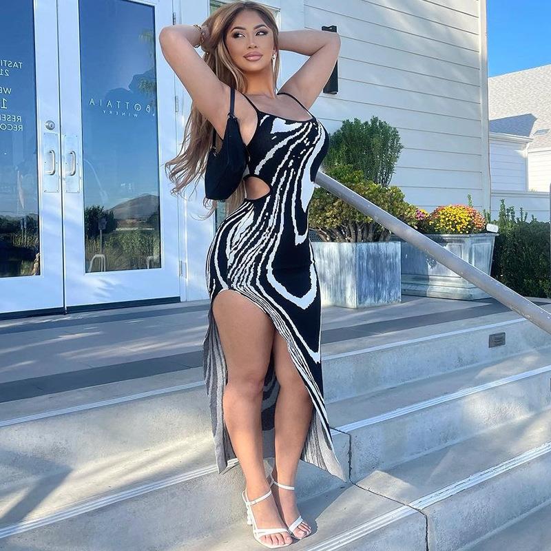 Printed sexy backless hollow slit suspender dress eprolo