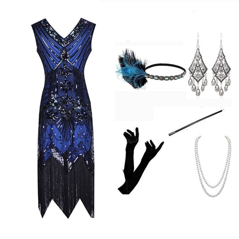 Vintage Gatsby Dress with Front and Back V-Neck Beaded Sequin Fringe 1920s Style Cocktail Party Performance Set eprolo