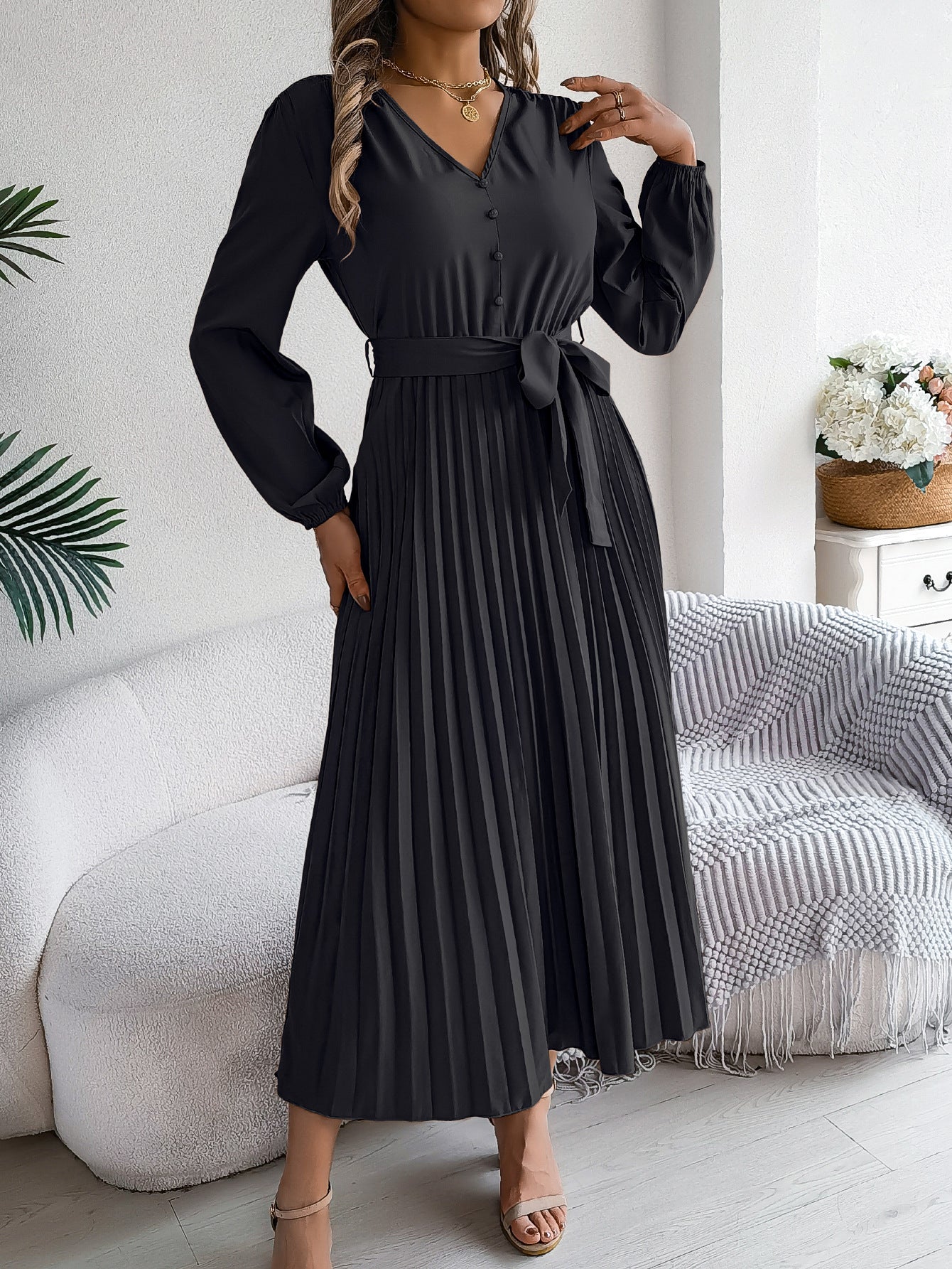 V-neck button tied pleated long skirt dress eprolo