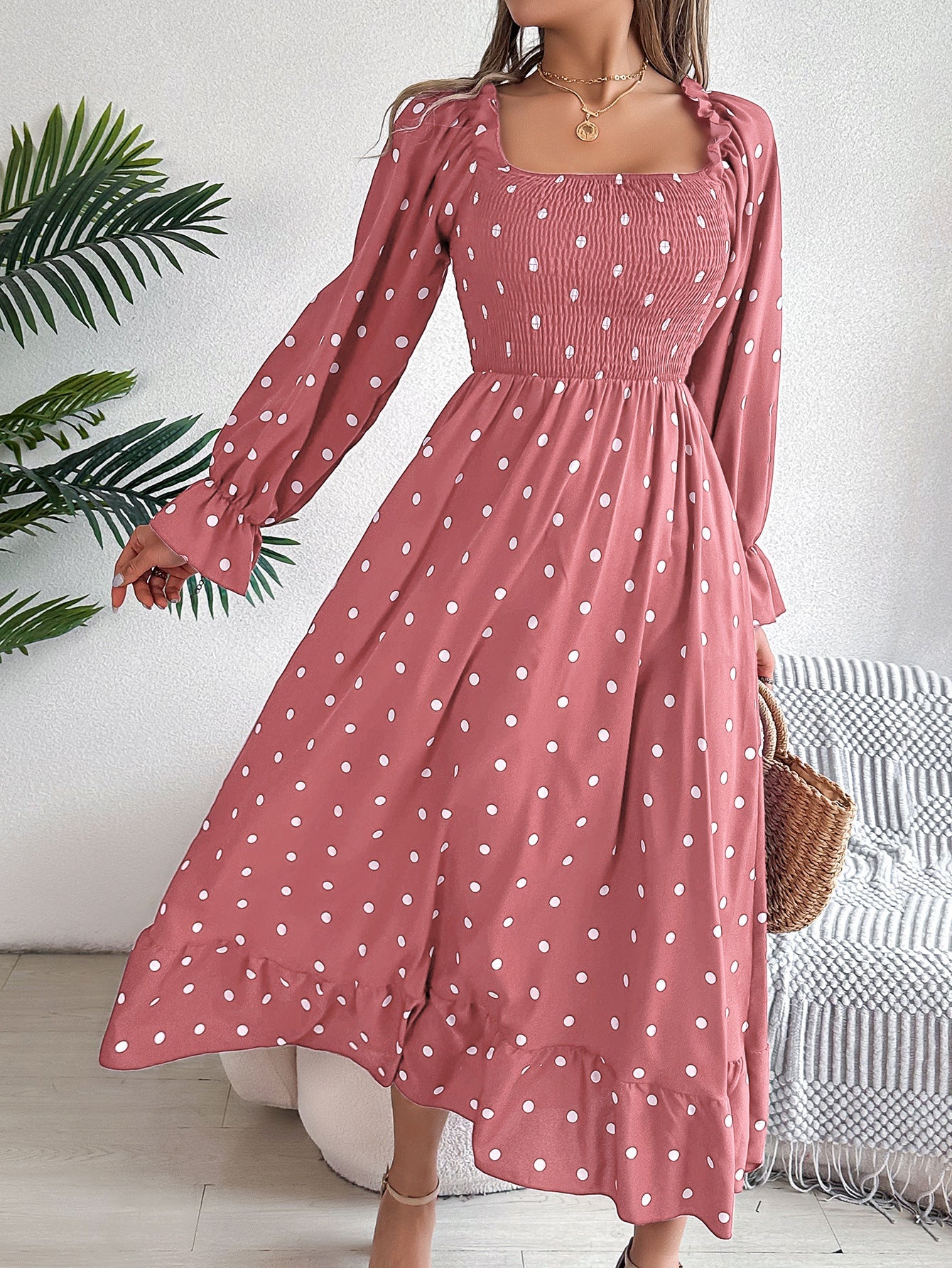 Casual fungus edge square collar polka dot long skirt eprolo