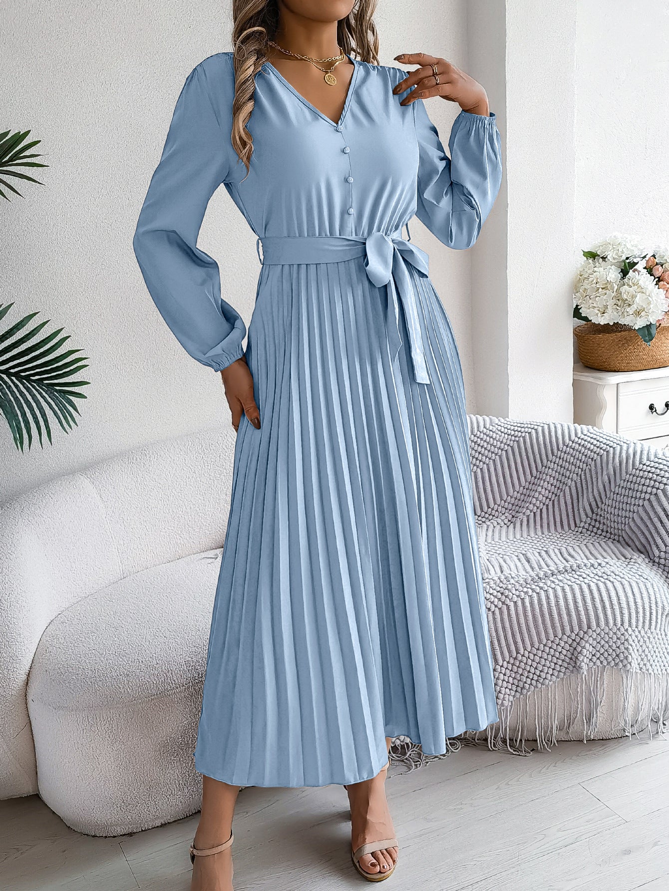 V-neck button tied pleated long skirt dress eprolo