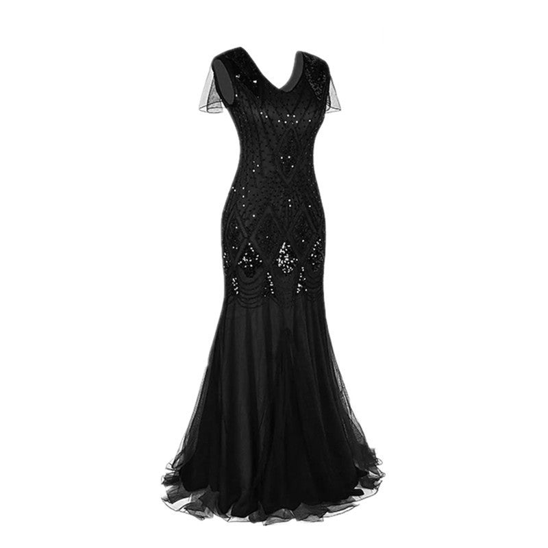 Vintage 1920s Embroidered Beaded Sequin Evening Gown Dress for Women eprolo