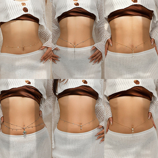 Sexy rhinestone puncture navel nail waist chain, sweet and cool summer body chain eprolo