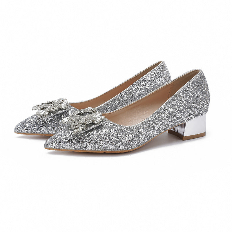 Silver French style mid heeled shoes for women's new square buckle wedding shoes and bridesmaid shoes eprolo