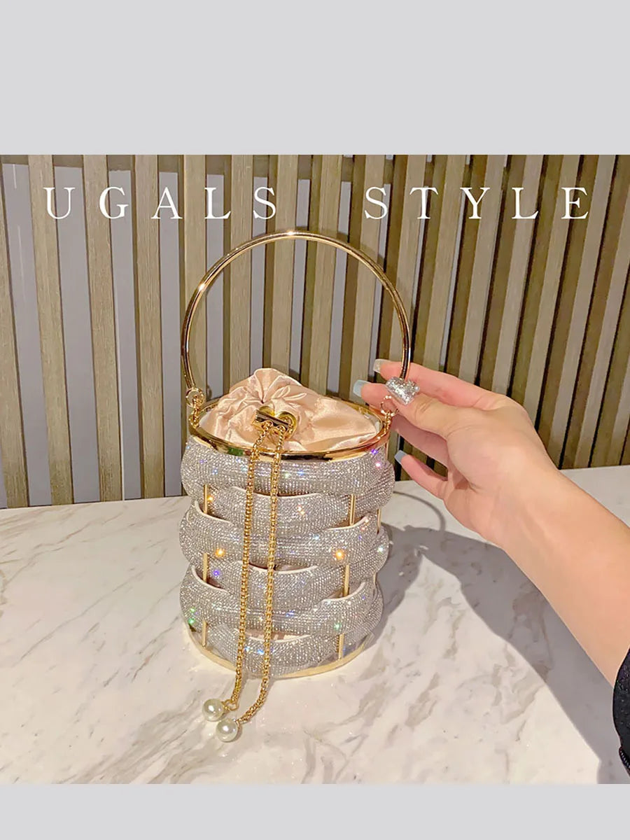 Woven Rhinestone Bucket Bag Woven Clutch Bags Women Boutique Multicolor Crystal Hollow Out Metal Purses And Handbags Wedding eprolo