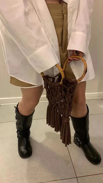 Cotton Knitted Tassel Hollow Bag DIY Hand Woven Bag Circular Handheld Small Bag eprolo