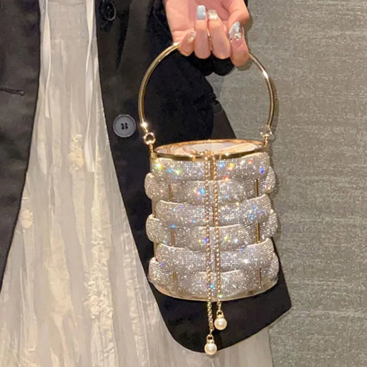 Woven Rhinestone Bucket Bag Woven Clutch Bags Women Boutique Multicolor Crystal Hollow Out Metal Purses And Handbags Wedding eprolo
