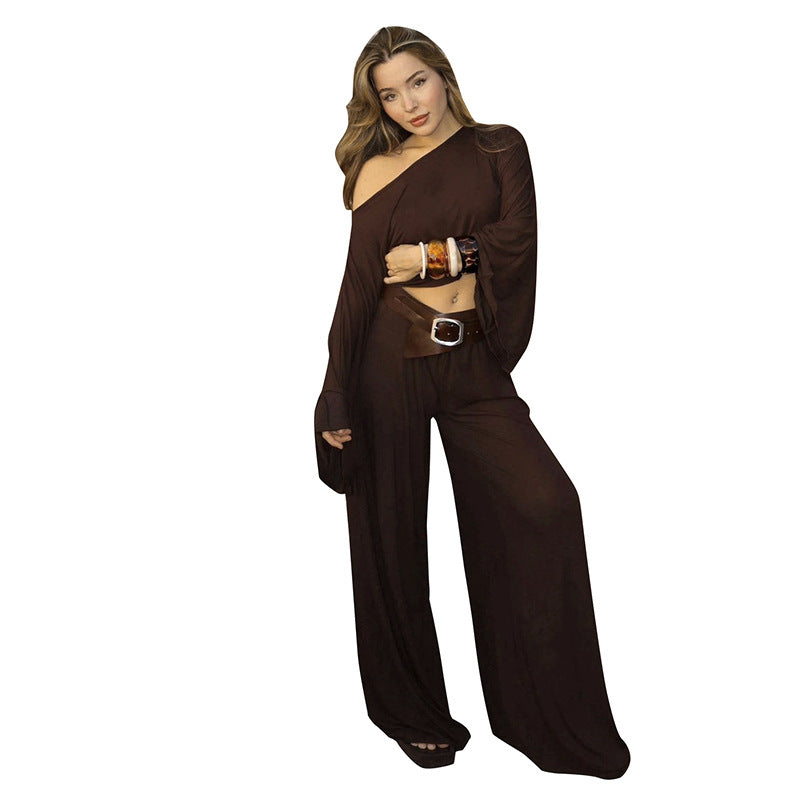 Autumn Women's Round Neck Pleated Crop with Elastic High Waist Wide Straight Leg Set eprolo